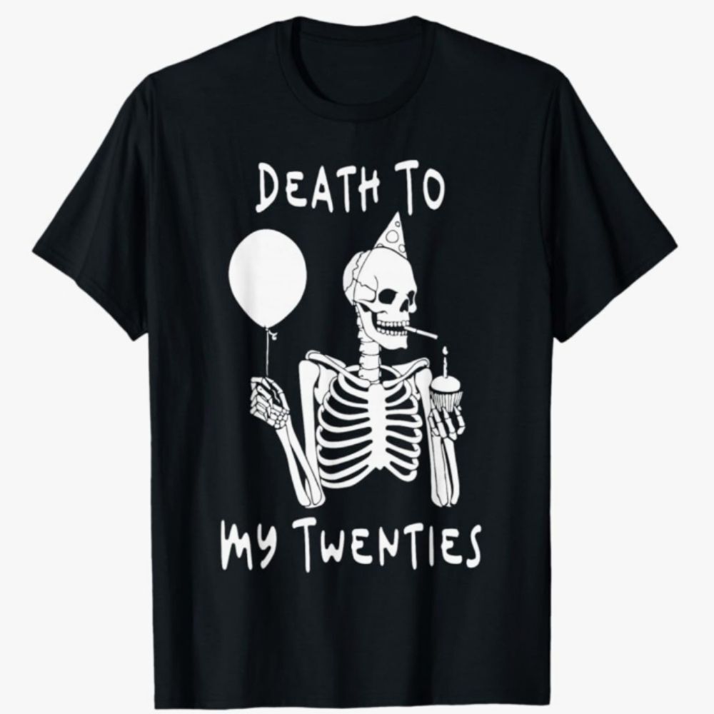 Black Skeleton Birthday Death To My Twenties Graphic Tee Size XL NWT P2P 24 In
